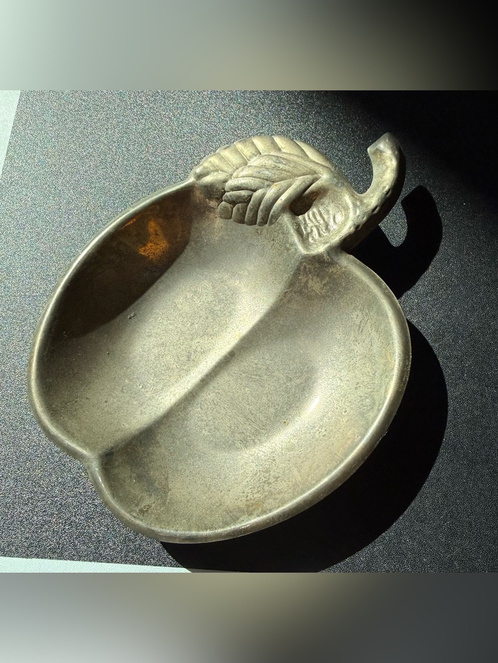 Metal apple shaped dish with stem and leaf detail